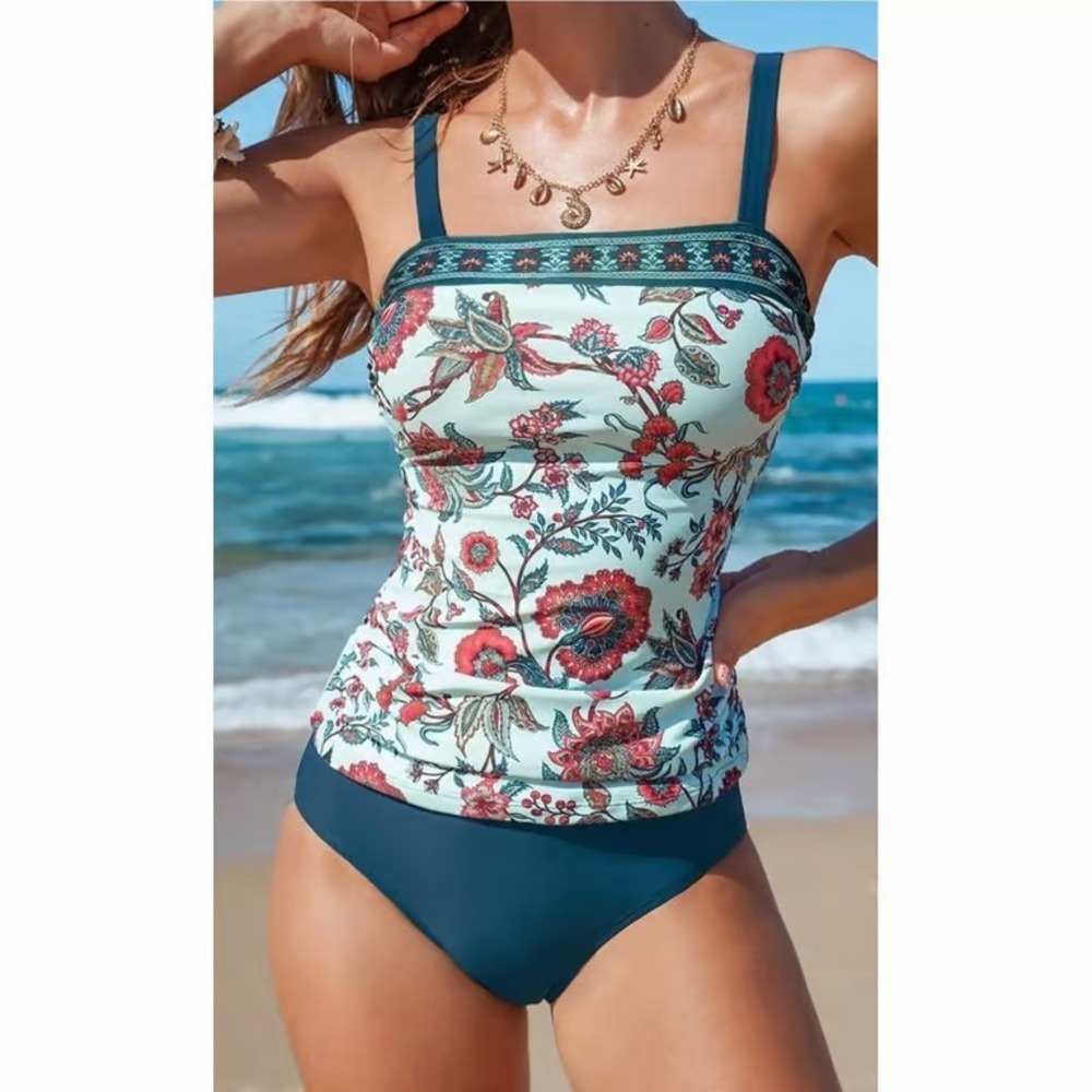 Cupshe Live Life on the Beach Floral Tankini Set Teal Red Small 2 Piece Swimsuit